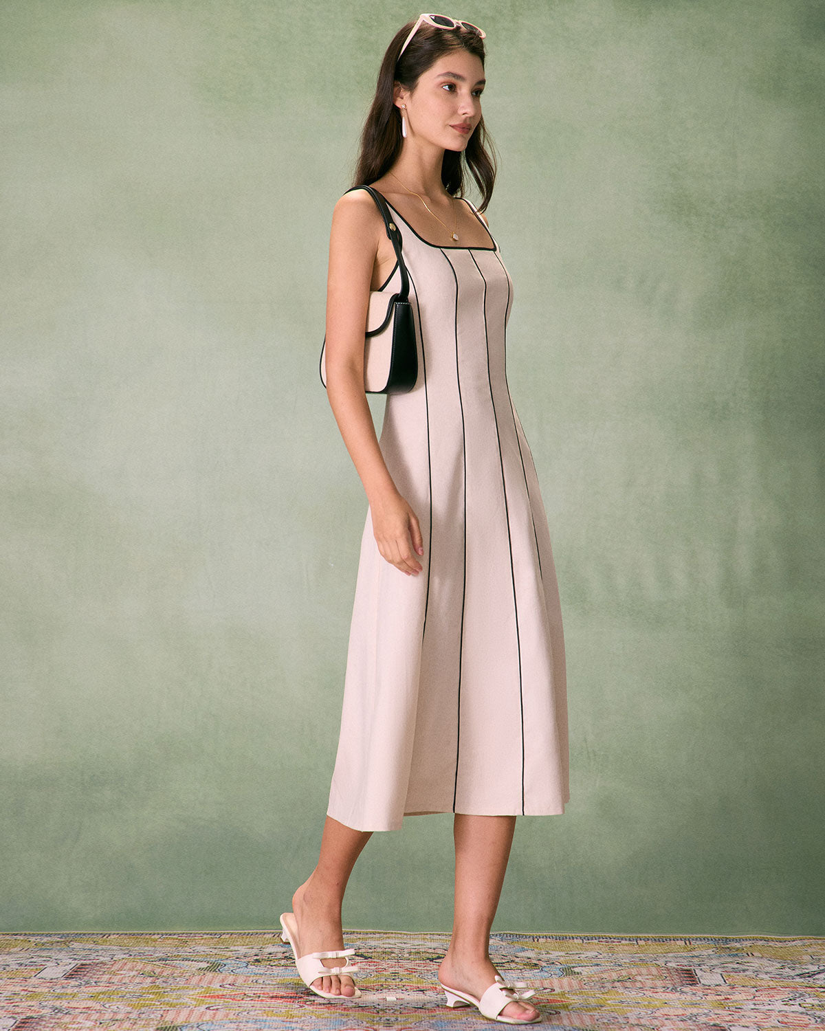 The Khaki Square Neck Contrast Midi Dress - Threadford