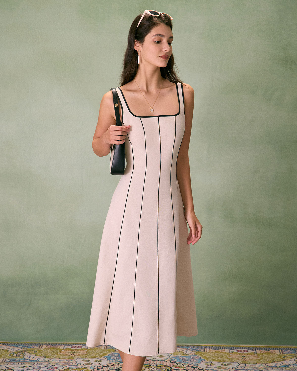 The Khaki Square Neck Contrast Midi Dress - Threadford