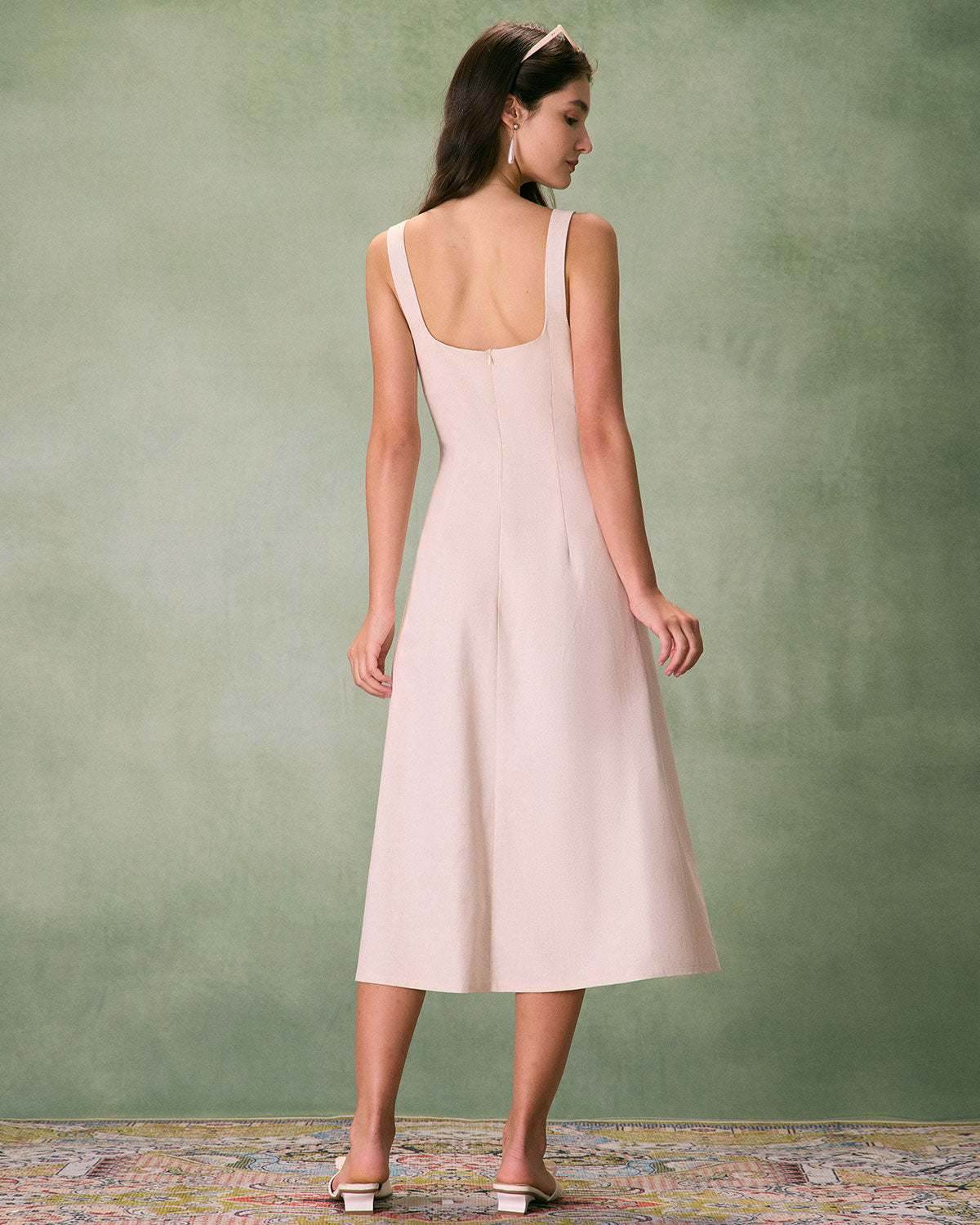 The Khaki Square Neck Contrast Midi Dress - Threadford