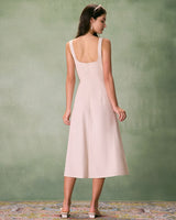 The Khaki Square Neck Contrast Midi Dress - Threadford