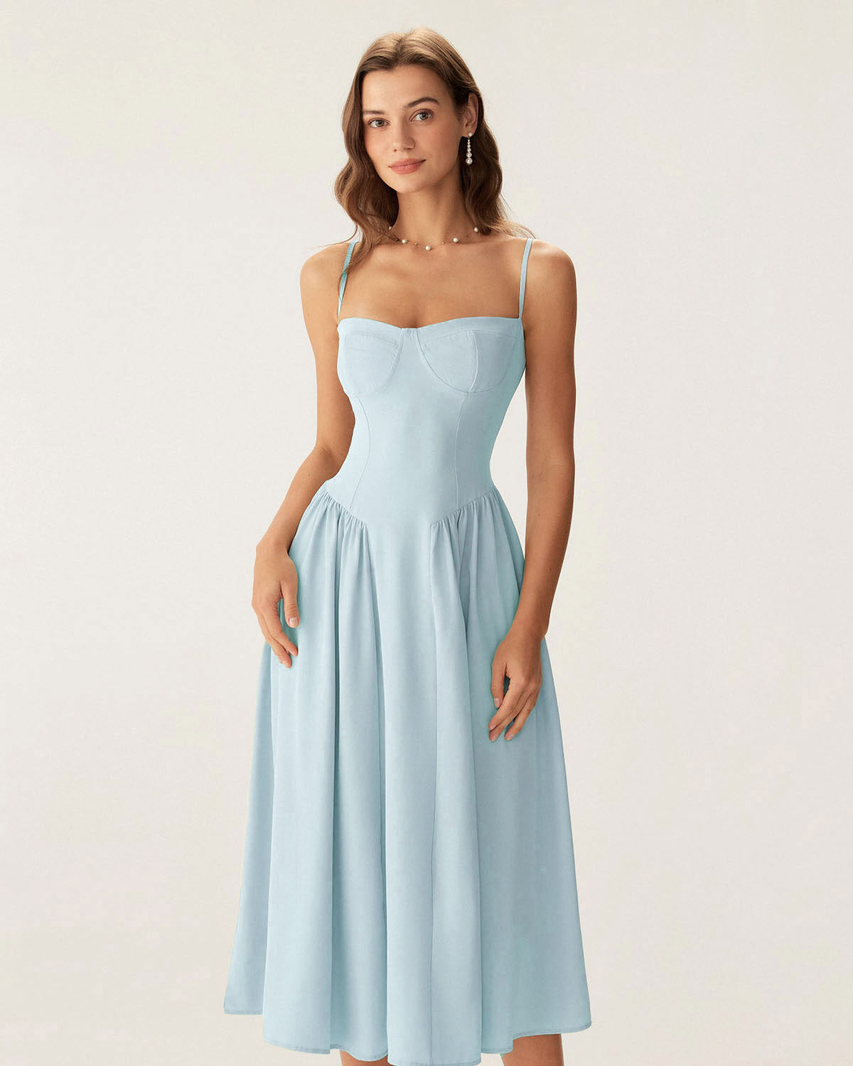 Blue Square Neck Pocket Slip Midi Dress - Threadford