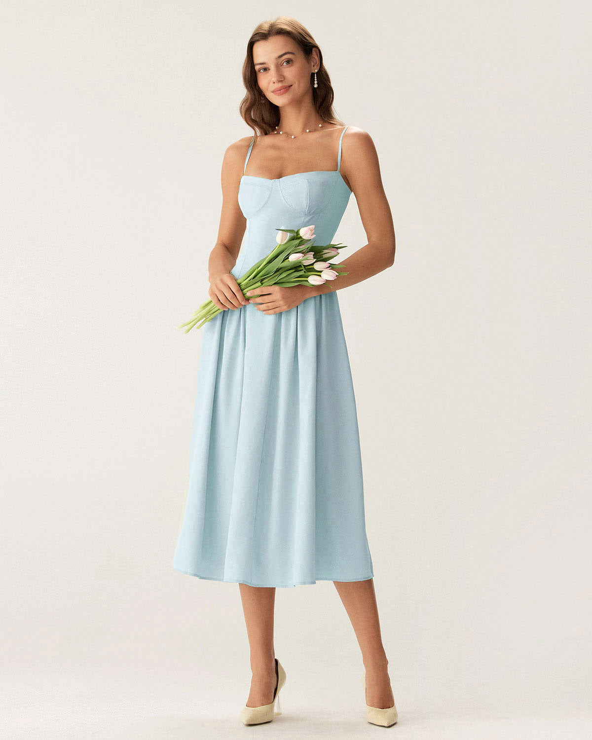 Blue Square Neck Pocket Slip Midi Dress - Threadford