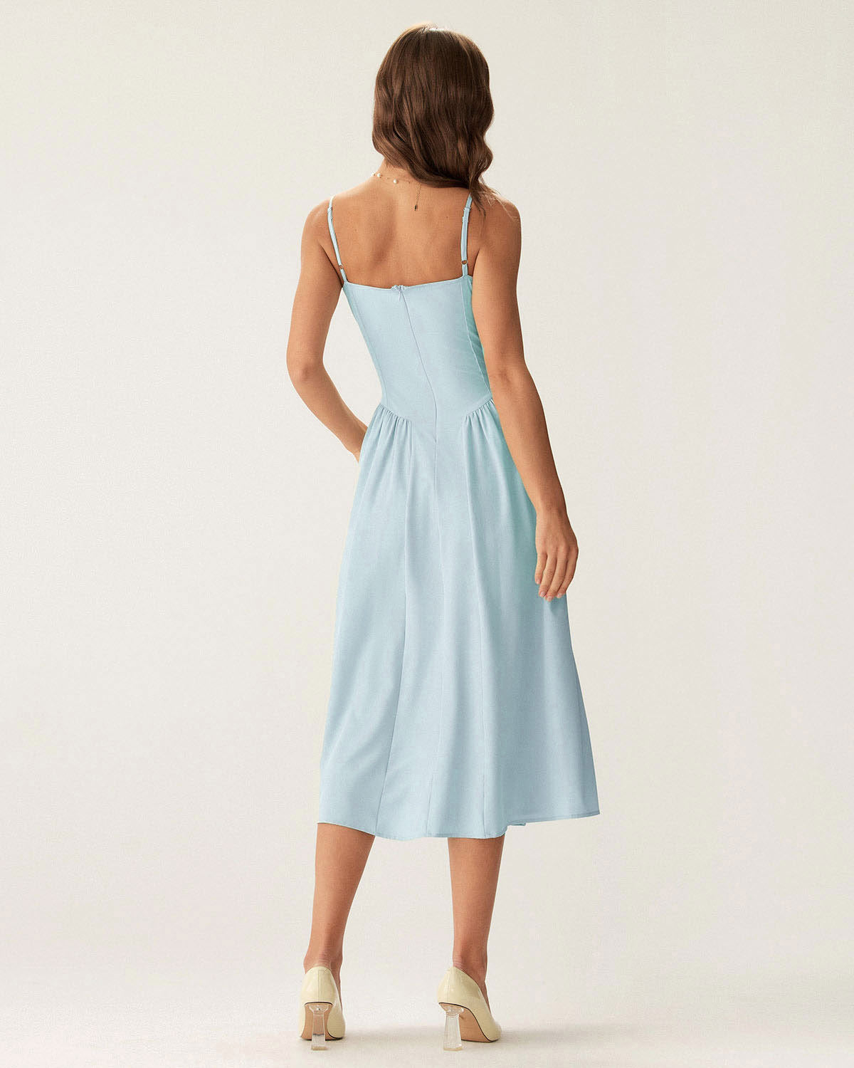 Blue Square Neck Pocket Slip Midi Dress - Threadford