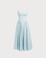 Blue Square Neck Pocket Slip Midi Dress - Threadford