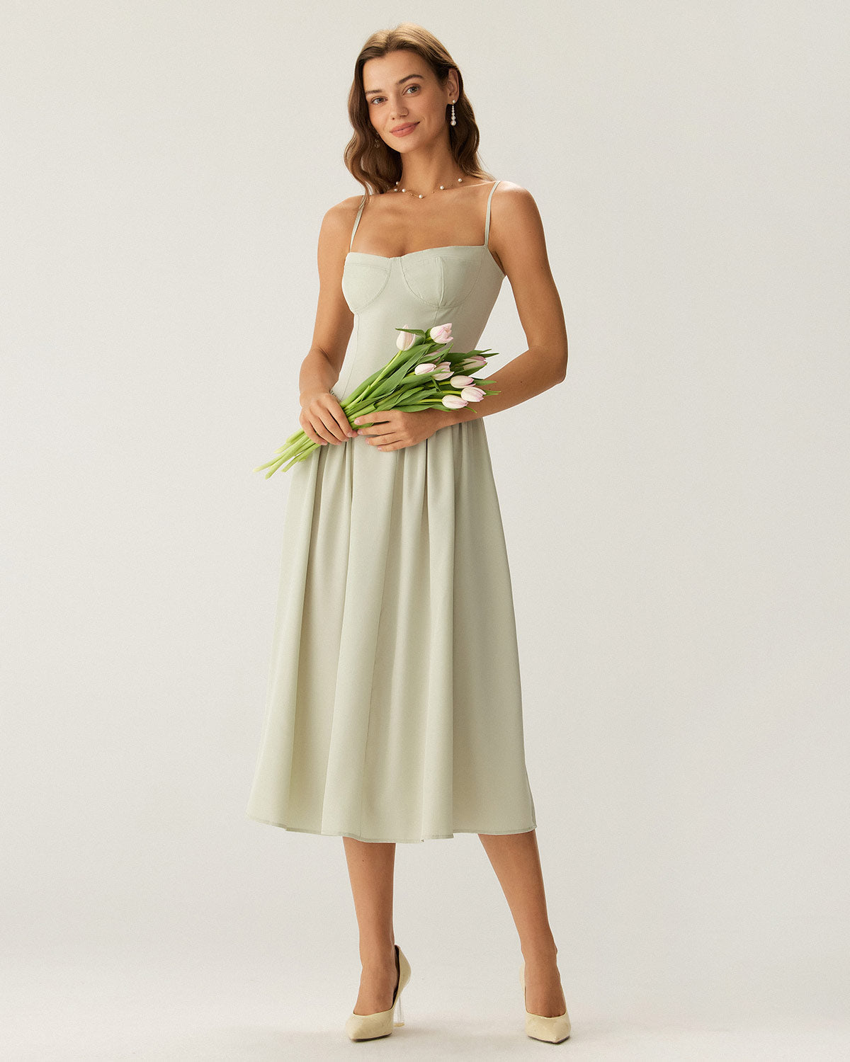 Green Square Neck Pocket Slip Midi Dress - Threadford