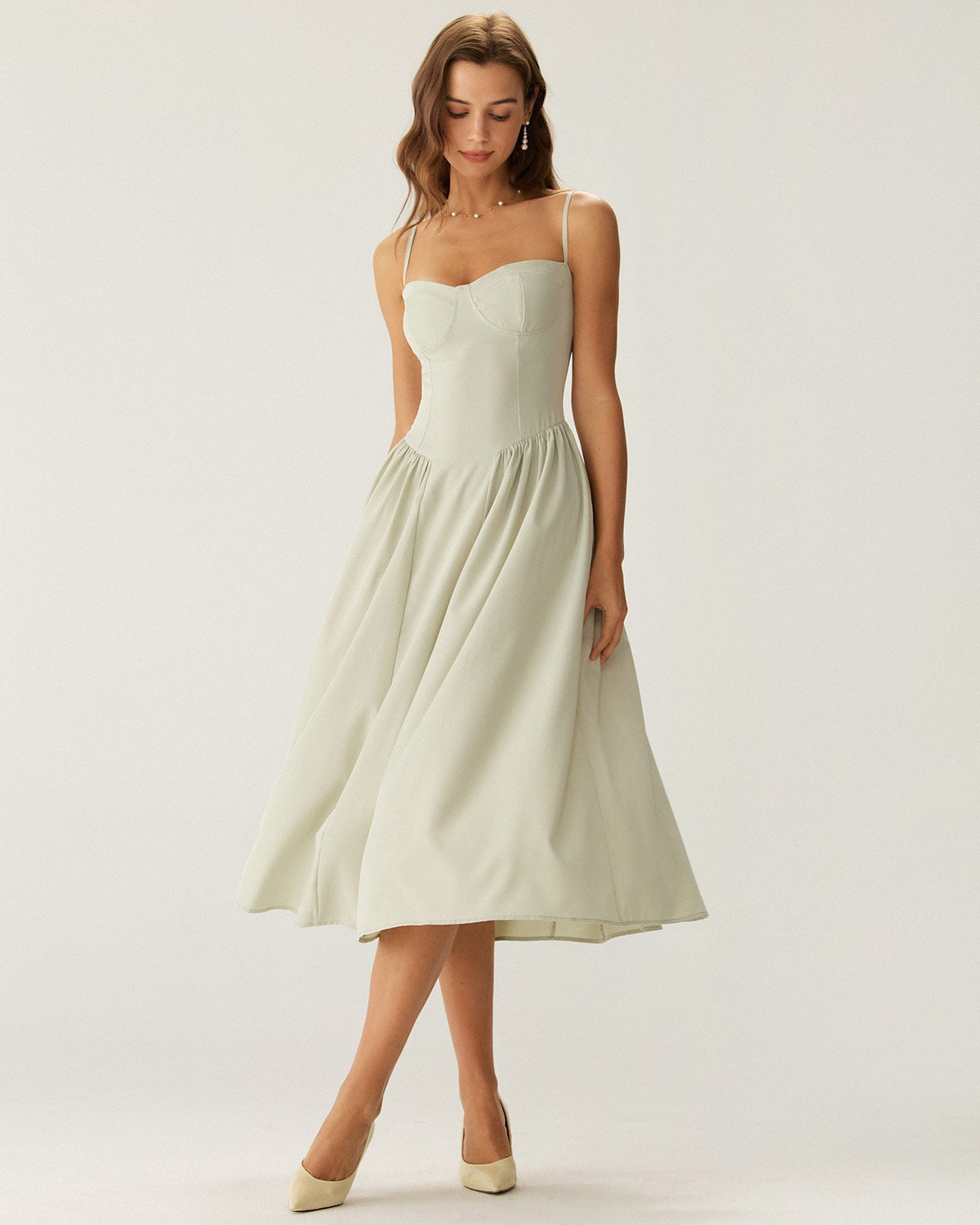Green Square Neck Pocket Slip Midi Dress - Threadford