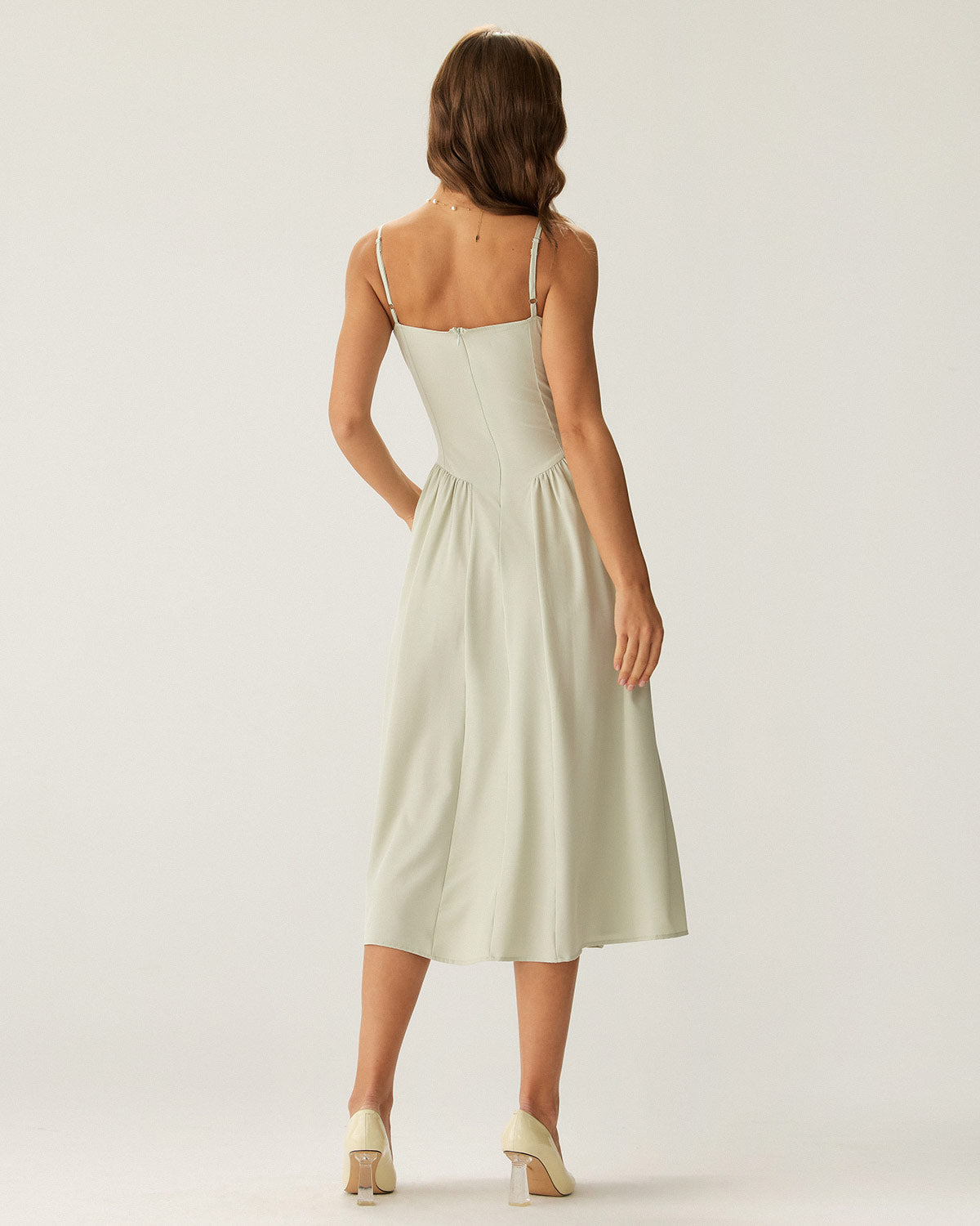 Green Square Neck Pocket Slip Midi Dress - Threadford