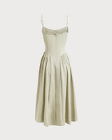 Green Square Neck Pocket Slip Midi Dress - Threadford