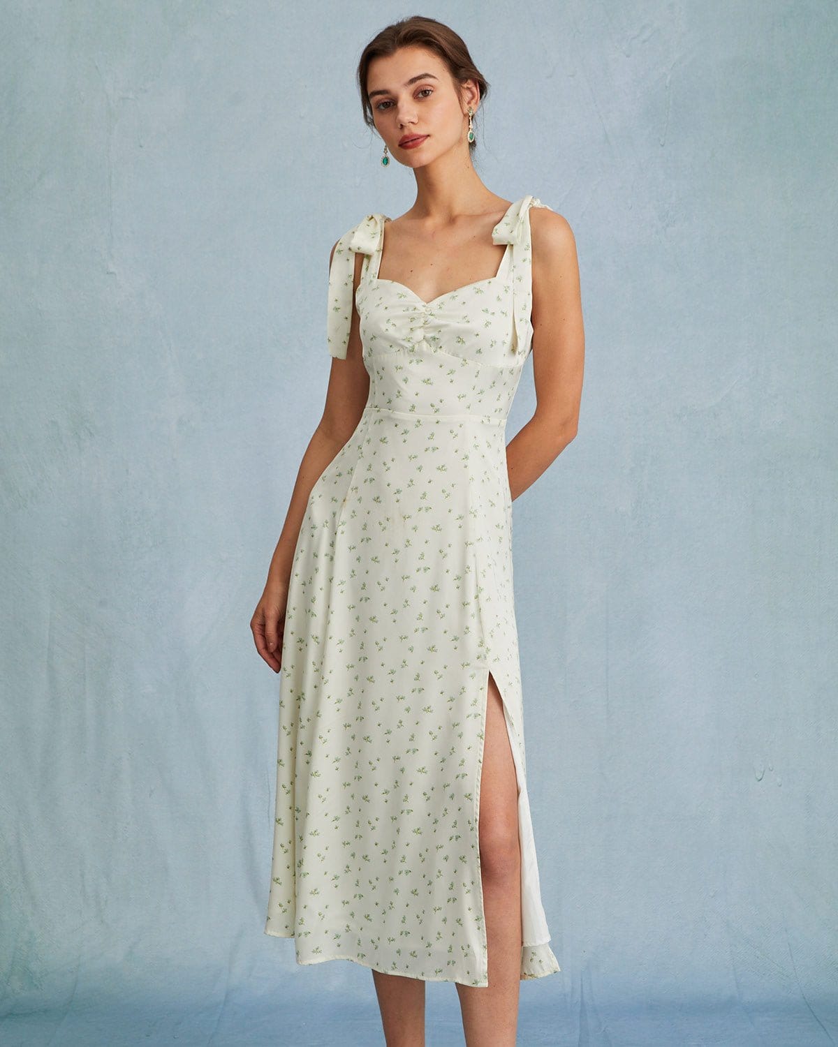 The Light Green Satin Floral Tie Strap Slit Midi Dress - Threadford