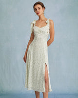 The Light Green Satin Floral Tie Strap Slit Midi Dress - Threadford