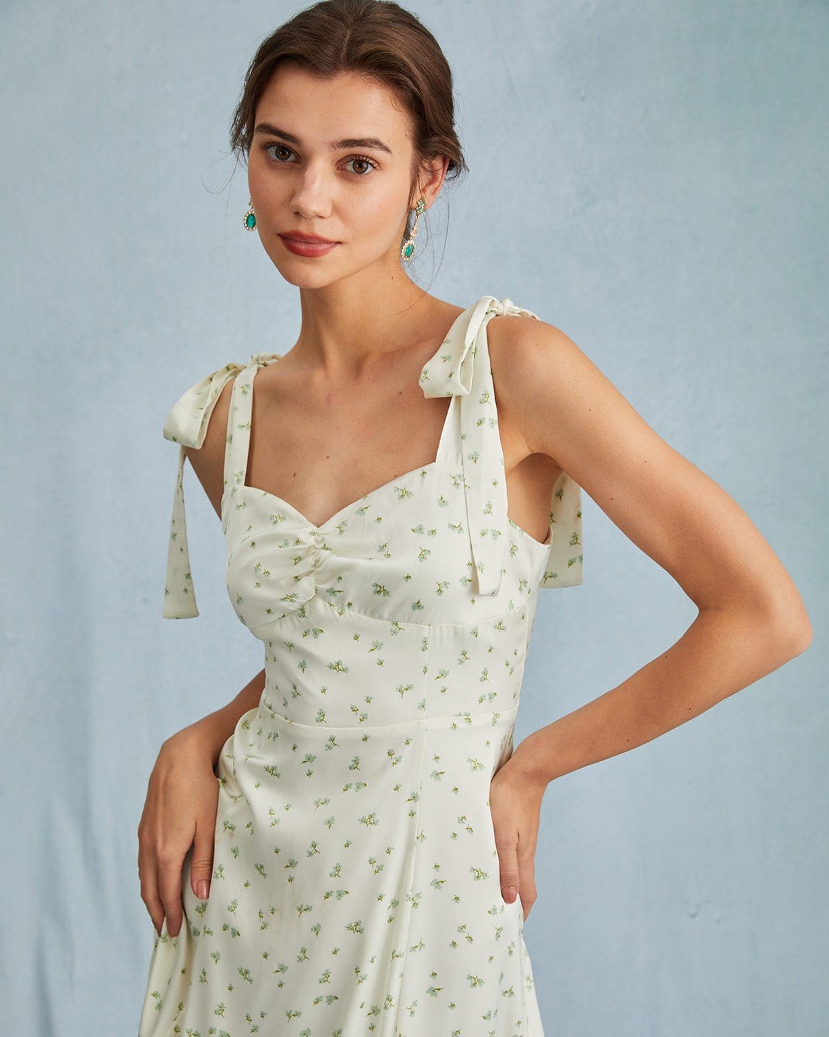 The Light Green Satin Floral Tie Strap Slit Midi Dress - Threadford