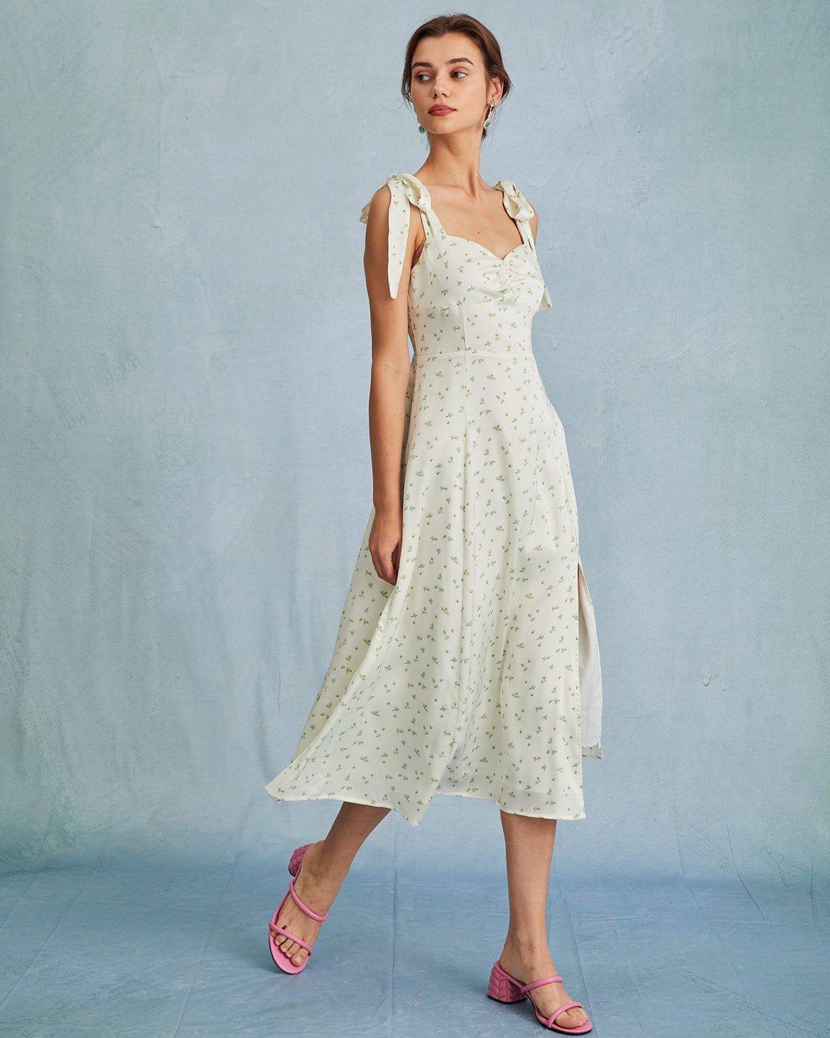 The Light Green Satin Floral Tie Strap Slit Midi Dress - Threadford