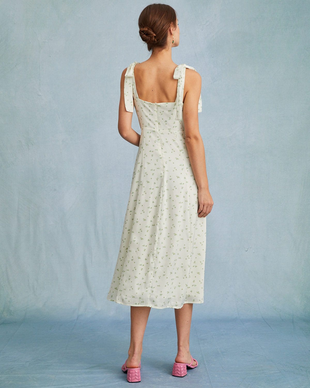 The Light Green Satin Floral Tie Strap Slit Midi Dress - Threadford