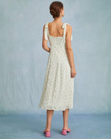 The Light Green Satin Floral Tie Strap Slit Midi Dress - Threadford