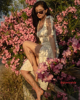 The Light Green Satin Floral Tie Strap Slit Midi Dress - Threadford