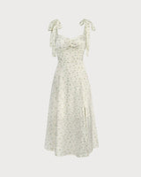 The Light Green Satin Floral Tie Strap Slit Midi Dress - Threadford