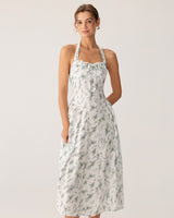 Green Floral Ruched Lace Halter Midi Dress - Threadford