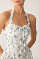 Green Floral Ruched Lace Halter Midi Dress - Threadford