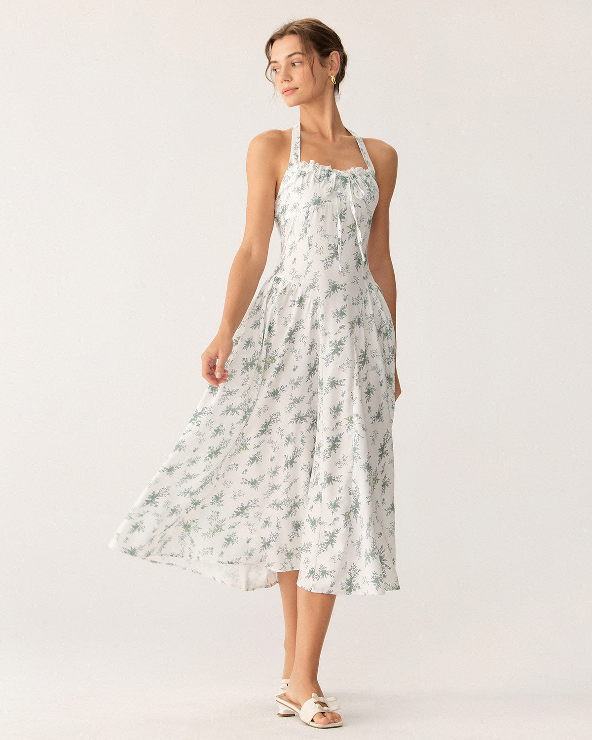 Green Floral Ruched Lace Halter Midi Dress - Threadford