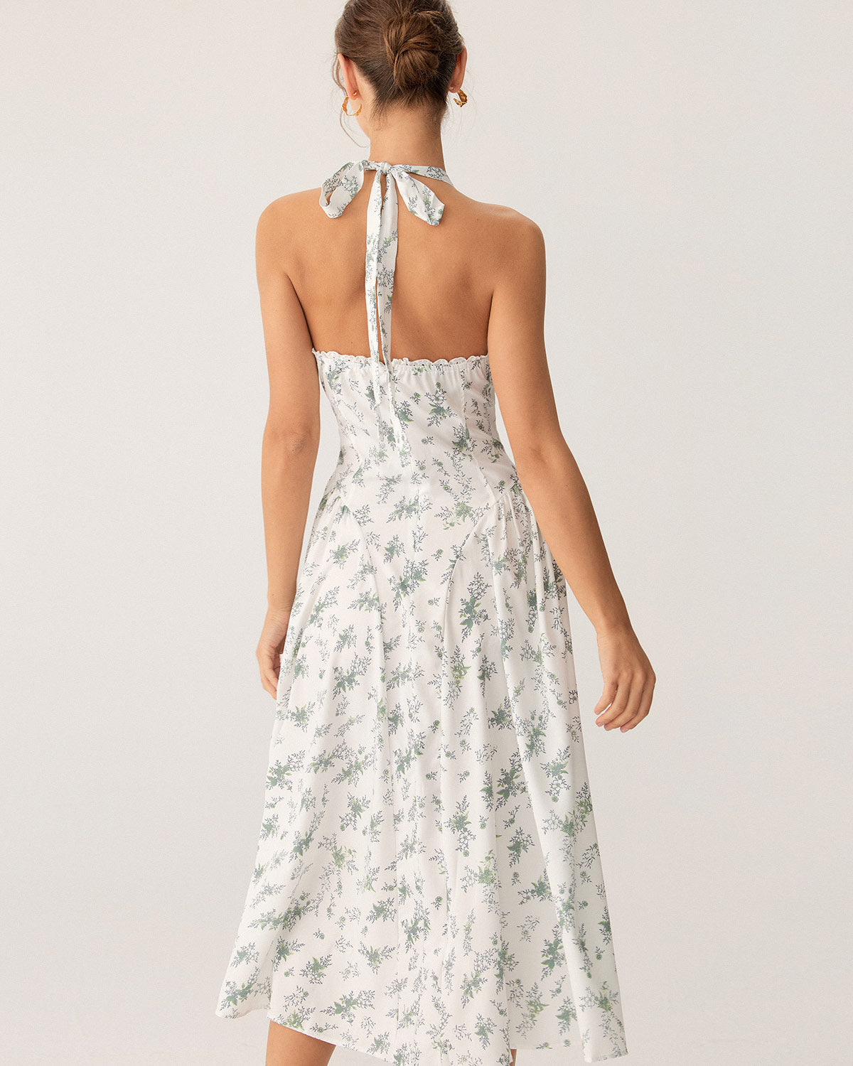 Green Floral Ruched Lace Halter Midi Dress - Threadford