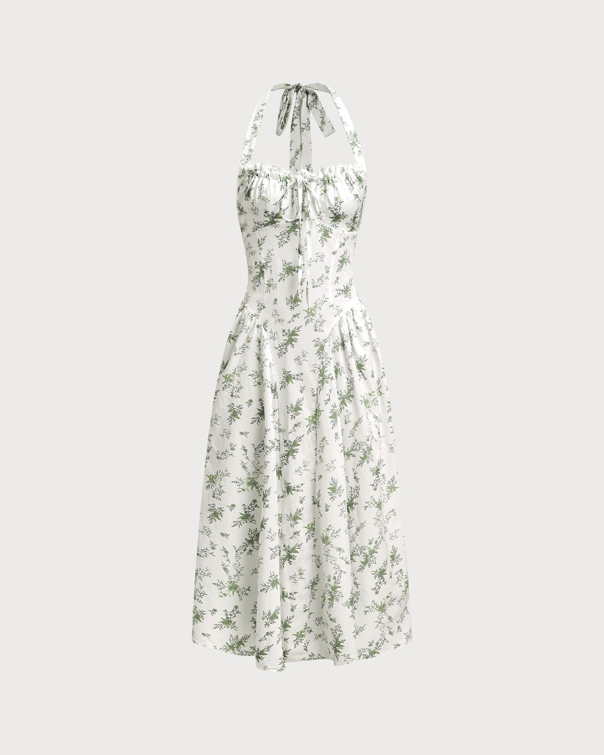 Green Floral Ruched Lace Halter Midi Dress - Threadford