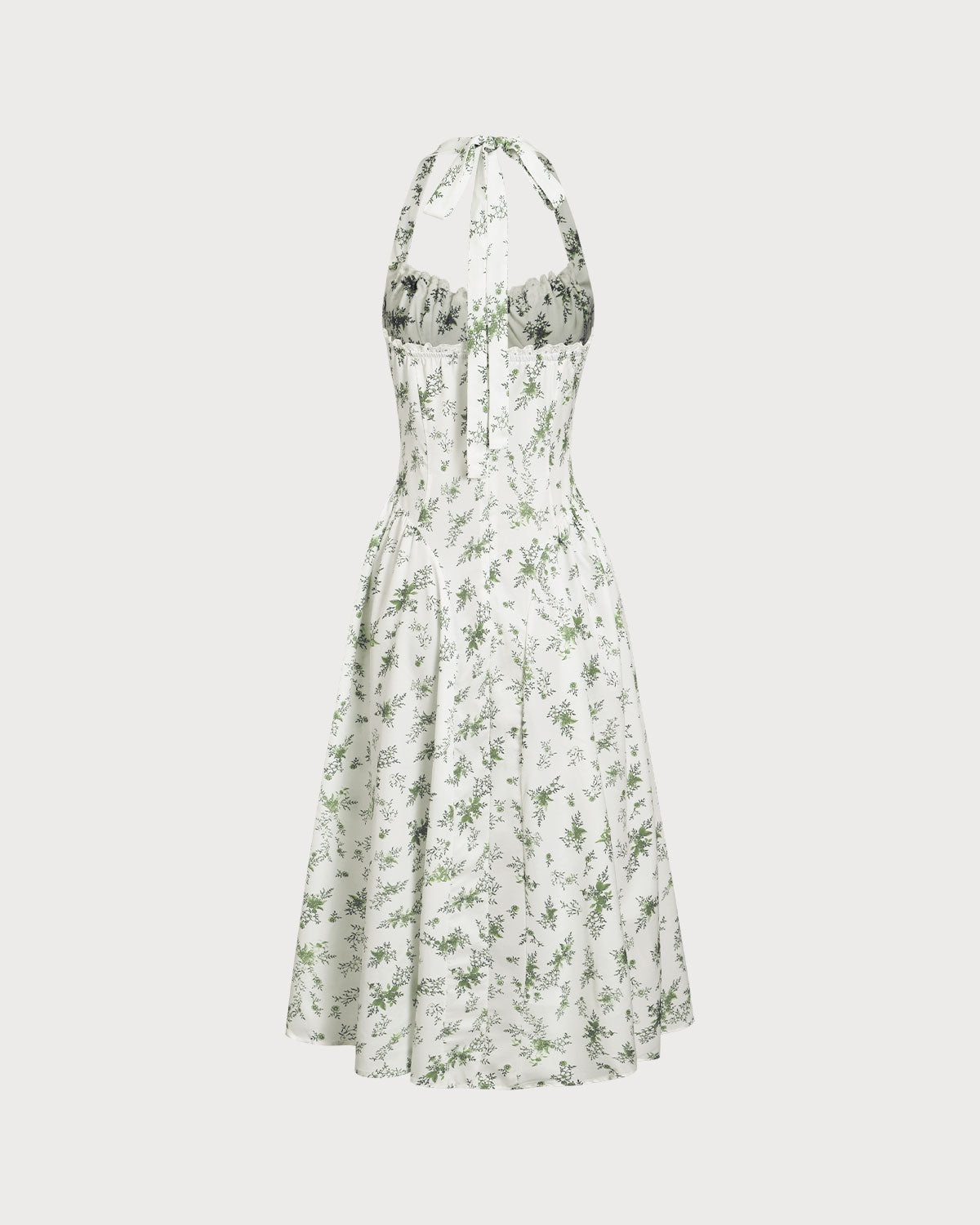 Green Floral Ruched Lace Halter Midi Dress - Threadford