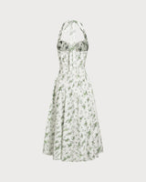 Green Floral Ruched Lace Halter Midi Dress - Threadford