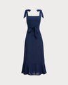 Navy Square Neck A-Line Shirred Midi Dress - Threadford