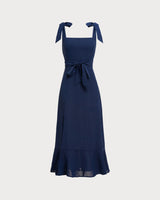 Navy Square Neck A-Line Shirred Midi Dress - Threadford