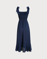 Navy Square Neck A-Line Shirred Midi Dress - Threadford
