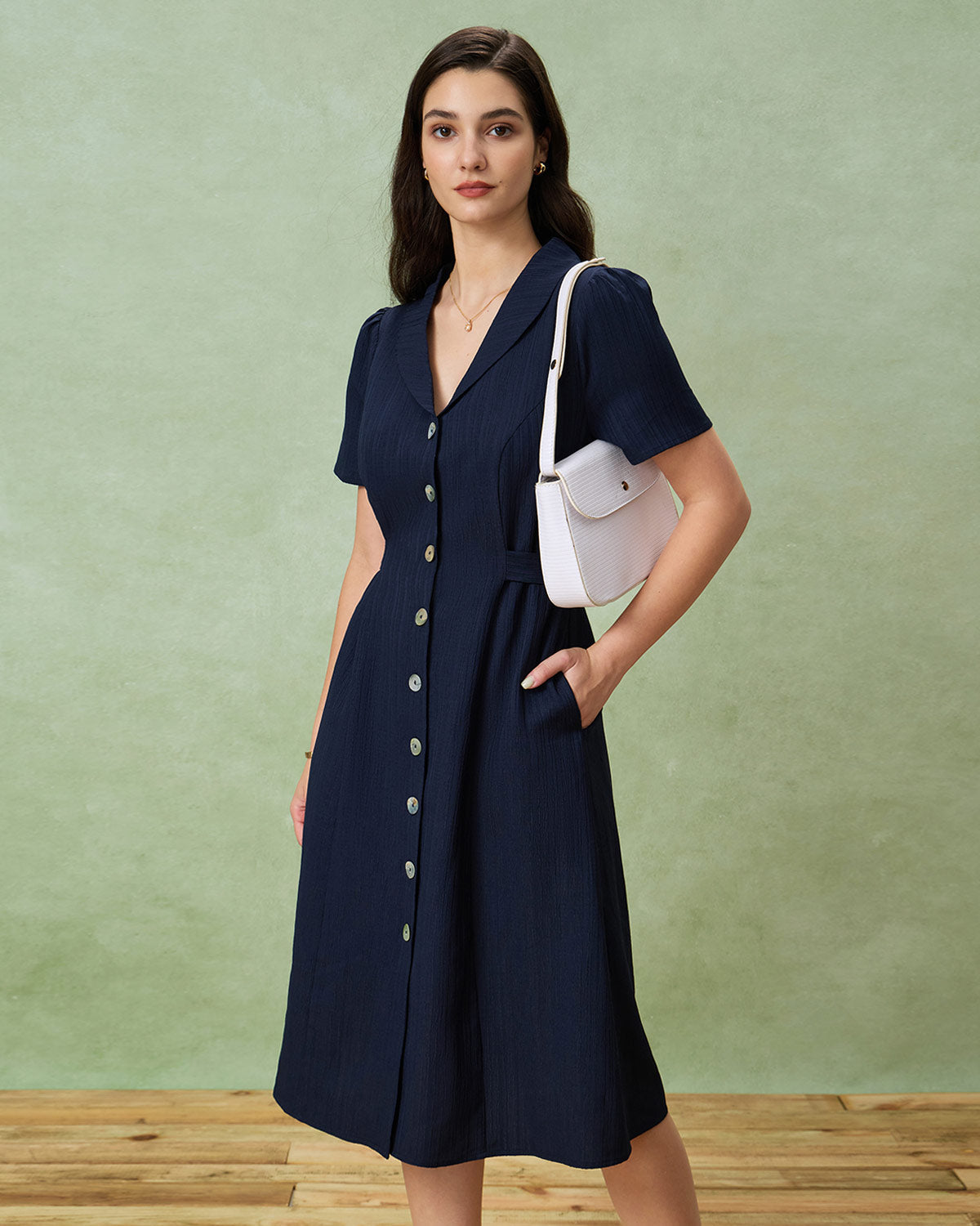 Navy Button A-Line Pocket Midi Dress - Threadford