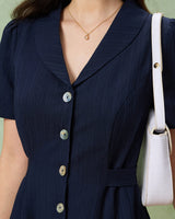 Navy Button A-Line Pocket Midi Dress - Threadford