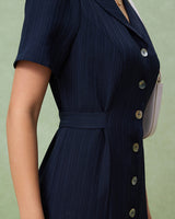 Navy Button A-Line Pocket Midi Dress - Threadford