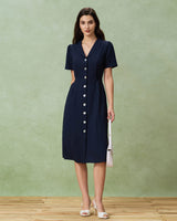 Navy Button A-Line Pocket Midi Dress - Threadford