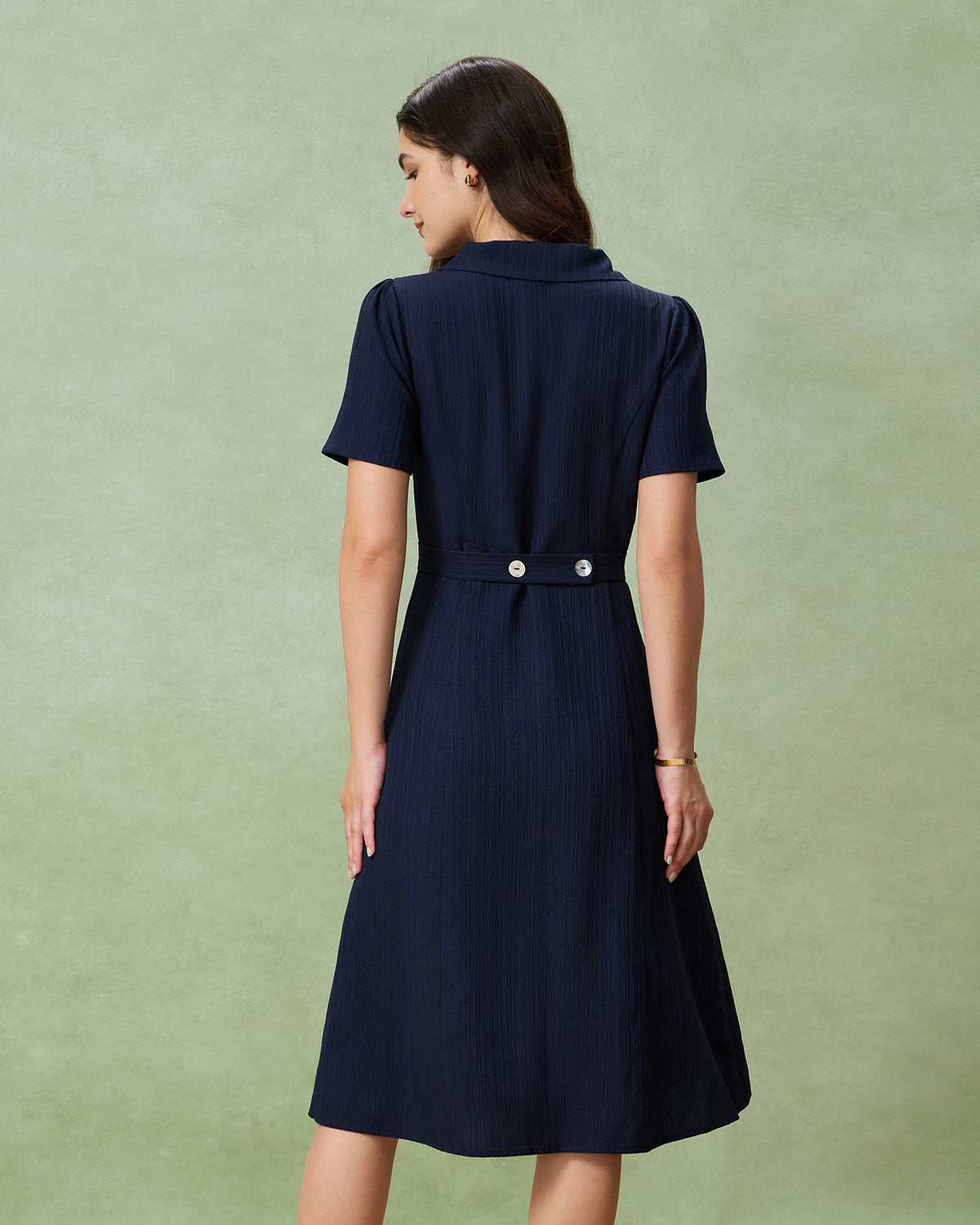Navy Button A-Line Pocket Midi Dress - Threadford