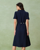 Navy Button A-Line Pocket Midi Dress - Threadford