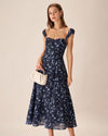 Navy Floral Sweetheart Neck Midi Dress - Threadford