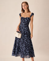 Navy Floral Sweetheart Neck Midi Dress - Threadford