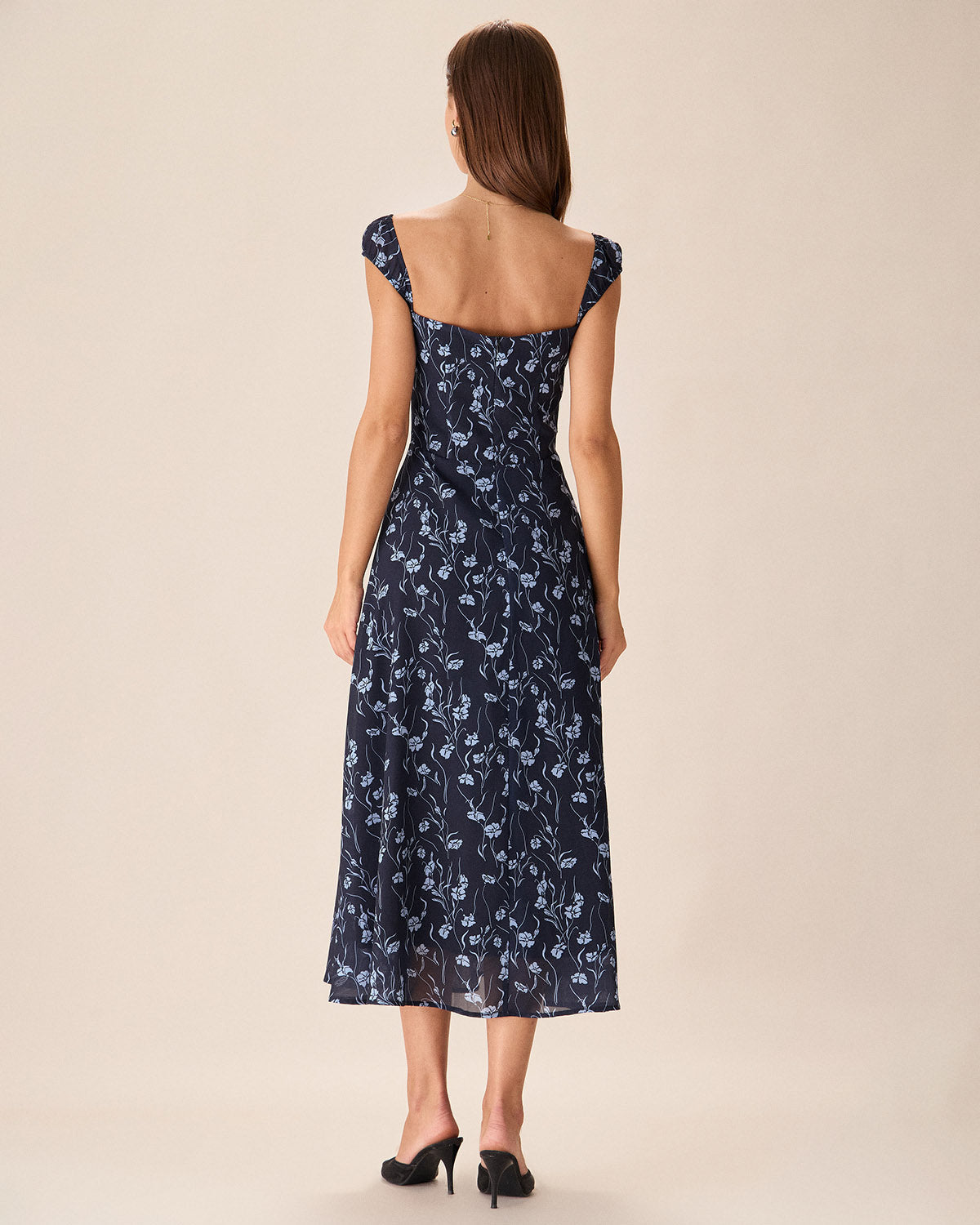 Navy Floral Sweetheart Neck Midi Dress - Threadford