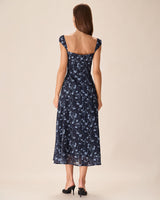 Navy Floral Sweetheart Neck Midi Dress - Threadford