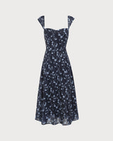 Navy Floral Sweetheart Neck Midi Dress - Threadford