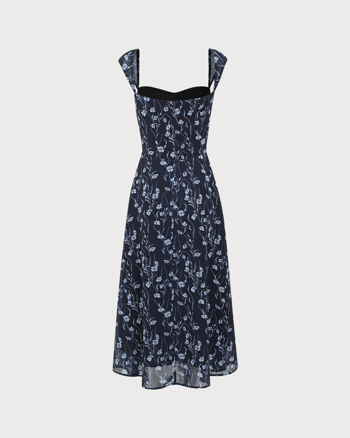 Navy Floral Sweetheart Neck Midi Dress - Threadford