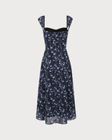 Navy Floral Sweetheart Neck Midi Dress - Threadford