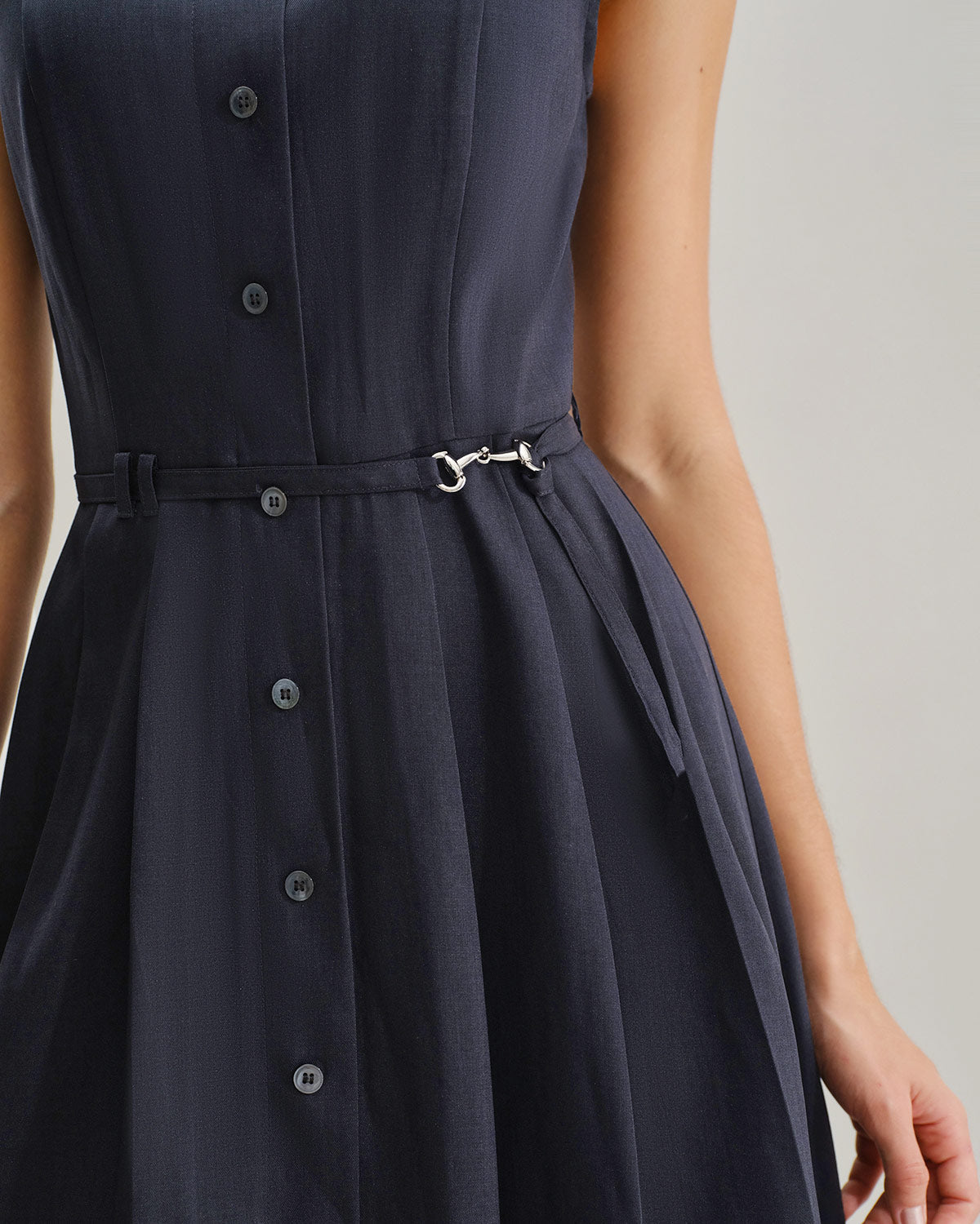 Navy Mock Neck High Waist Midi Dress - Threadford