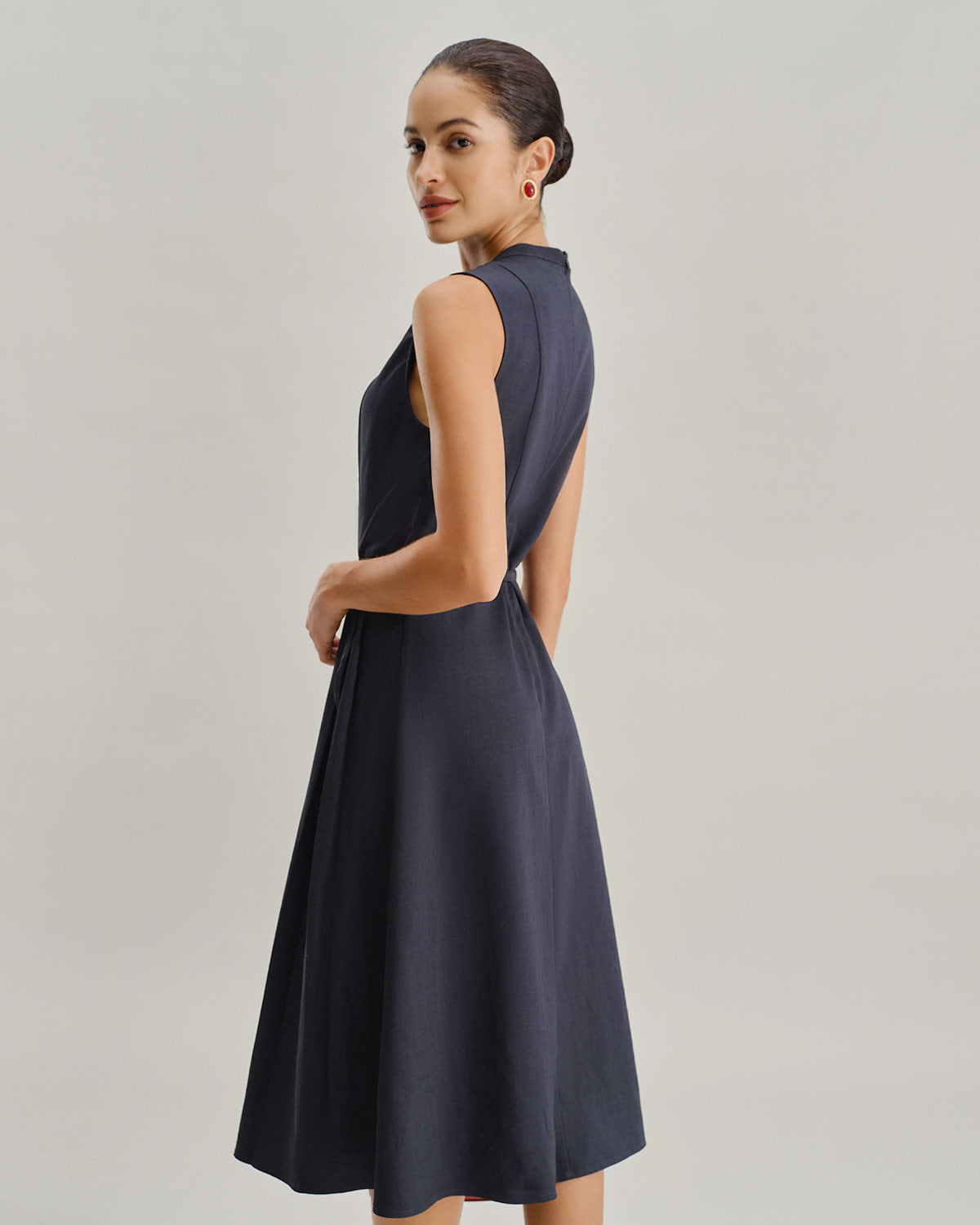 Navy Mock Neck High Waist Midi Dress - Threadford