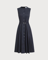 Navy Mock Neck High Waist Midi Dress - Threadford