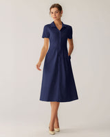Navy Pocket Short Sleeve Midi Dress - Threadford