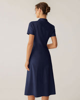 Navy Pocket Short Sleeve Midi Dress - Threadford