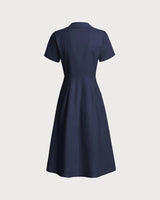 Navy Pocket Short Sleeve Midi Dress - Threadford