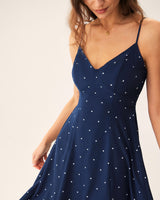 Navy Polka Dot Shirred Slip Midi Dress - Threadford